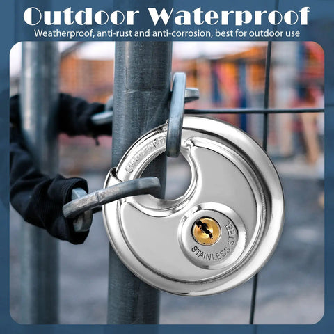 Keyed Alike Disc Padlocks Set, Beefy Stainless Steel Locks With Shared Key, 2 3/4 Inch Wide shackle securing fence