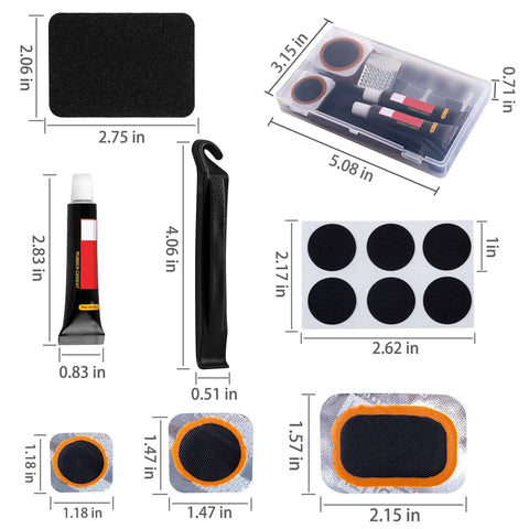 Tire Repair Kit For Bikes And Motorized Rides With Glueless Patches And Vulcanizing Patches Metal Rasp Levers Sandpaper And A Portable Storage Box Inner Tube Fix For Motorcycle BMX And Mountain Biking On The Go with dimensions