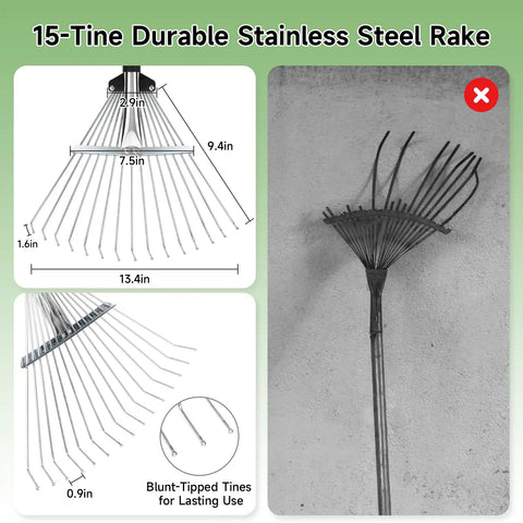 68 Inch Metal Rake With Adjustable Handle Built For Heavy Duty Leaf Cleanup And Thatch Removal, stainless steel tines