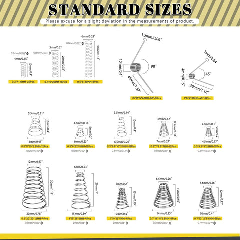 Size chart of various springs in the 148 Piece Stainless Steel Conical Spring Set With 3 Styles And 15 Sizes