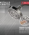 6 Setting Chrome Shower Head With High Pressure Spray 6 Inch Round Design Delivers Intense Full Body Shower And Convenient Pause Feature 1.75 GPM Flow showing water spray and touch-clean spray holes.