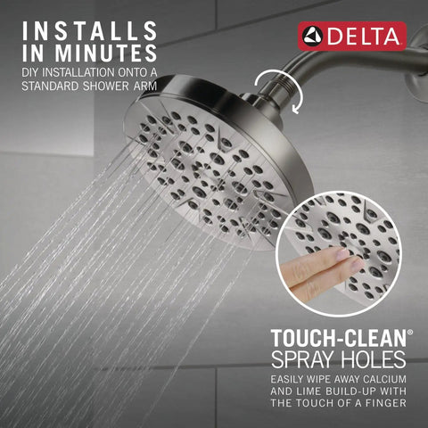 6 Setting Chrome Shower Head With High Pressure Spray 6 Inch Round Design Delivers Intense Full Body Shower And Convenient Pause Feature 1.75 GPM Flow showing water spray and touch-clean spray holes.