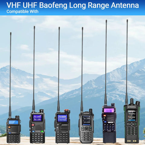 SMA-Female Walkie Talkie Antenna High Gain 2.5dBi VHF UHF Long Range 18.9 Inch Antenna with various two-way radios displayed