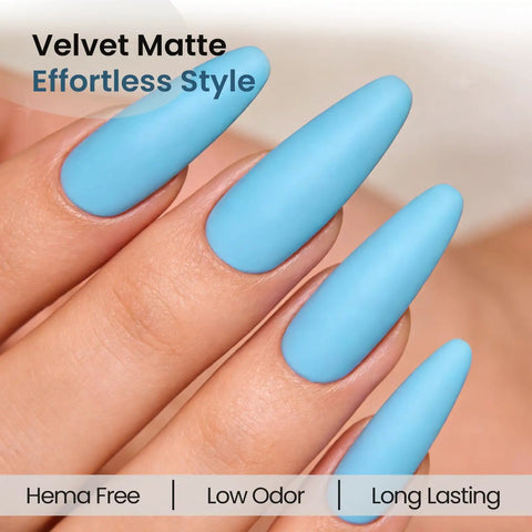 Close-up of nails painted with Hema Free Gel Nail Polish Baby Blue With Matching Bottle And Color Coordinated Shade One Bottle