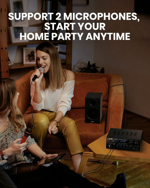 People using Bluetooth 5.0 Stereo Amplifier Receiver for Karaoke and Home Theater, 2 Channel 400W Peak Power at home party.