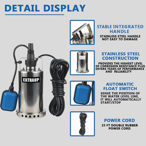 Detail display of 1HP 3000 GPH Stainless Steel Submersible Clean Water Transfer Pump Heavy Duty With Float Switch For Pools Ponds