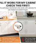 Comparison image showing soft close cabinet doors with hidden hinges for Set Of 10 Universal Soft Close Cabinet Door Dampers.