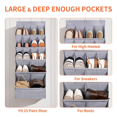 1 Pack Over The Door Shoe Organizer With 15 Large Pockets Hanging Shoe Rack For Closet Or Wall Space Saver Gray Oxford Fabric Holds 15 To 18 Pairs Of Shoes Easy Access And Tangle Free displaying various shoe types