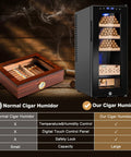 Comparison of electric cigar humidor cabinet with 35L capacity and traditional humidor, showing digital control panel and cedar shelves.