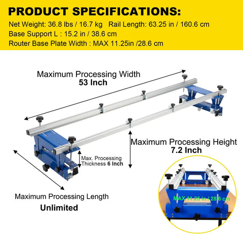 Router Sled for Woodworking with Adjustable XYZ Axis Slab Flattening Jig 53 Inch Width Capacity 6 Inch Thick Limit diagram