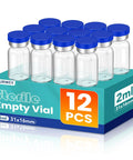 2ml Sterile Glass Injection Vials 12 Pack With Self Healing Ports And Aluminum Sealed Caps Empty Laboratory Vials For Medical Use Safe Durable Great For Sample Storage Transport And Refill, 12 sterile glass vials with blue caps on box