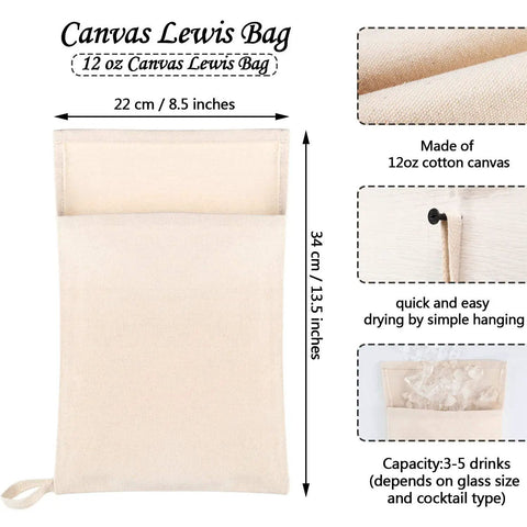 Heavy Duty Canvas Lewis Ice Crushing Bags 2 Pack Bartender Gear With Tight Seal Flap, 8.5 x 13.5in cotton bag for crushed ice.