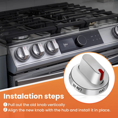 Installation steps for Five Piece Stove Knob Replacement Kit Fits DG64 00472A And DG64 00347A on Samsung gas range.