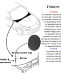 Diagram showing fitment of 2 Pack E01650796 Windshield Cowl Grille Screw Hole Cap Rubber Covers for Mazda and Ford models.