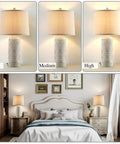 Rustic Ceramic Table Lamps Set Of 2 With 3 Way Dimmable Lighting, Dual USB Ports, Linen Fabric Shade, LED Bulbs Included in bedroom.
