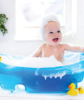 Baby in blue tub enjoying bath with foam using Easy Spray Indoor Outdoor Portable Handheld Sink Sprayer Attachment For Faucets Transform Your Kitchen Or Bath With A Multi Use Sprayer Great For Hair Washing Baby Bath Pet Cleaning Veggie Rinsing And More