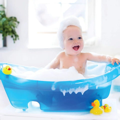 Baby in blue tub enjoying bath with foam using Easy Spray Indoor Outdoor Portable Handheld Sink Sprayer Attachment For Faucets Transform Your Kitchen Or Bath With A Multi Use Sprayer Great For Hair Washing Baby Bath Pet Cleaning Veggie Rinsing And More
