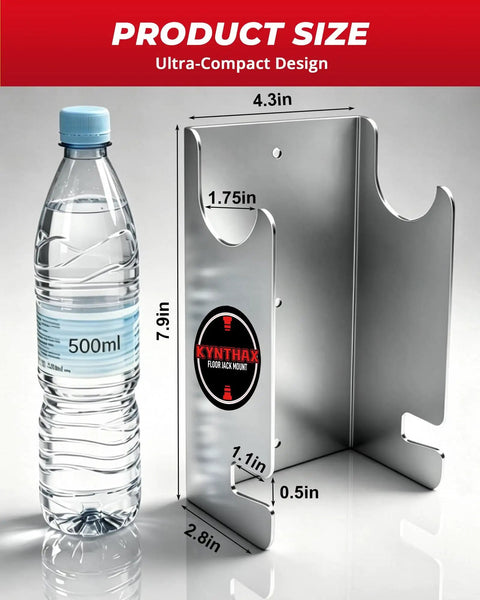 1.5 Ton Floor Jack Wall Mount Rack For Low Profile Hydraulic Jacks And Trailers, Heavy Duty Solid Steel Storage Holder, 80 Lb Capacity, Keeps Your Garage Clear And Safe, Silver Finish, next to a 500ml water bottle for size comparison