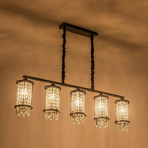Five Light Modern Crystal Kitchen Island Pendant Light Black Metal Semi Flush Chandelier Height Adjustable Fixture