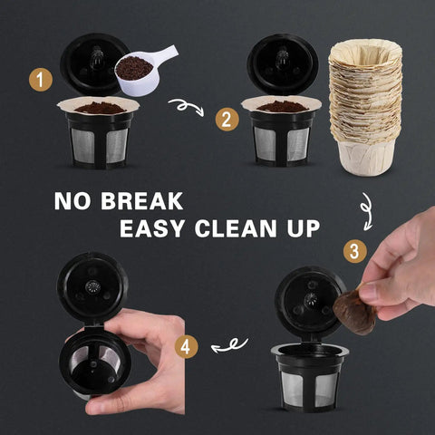Disposable K Cup Filters 300 Count For Keurig 1.0 2.0 Brewers Unbleached Natural with steps to use and stack of filters