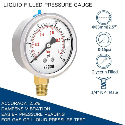 Glycerin Filled Low Pressure Gauge 2.5 Inch Dial 0-15 PSI 1/4 Inch NPT Lower Mount 304 Stainless Steel Case for HVAC and Pressure Testing