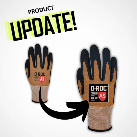 Dx Plus Technology VersaTek Grip Work Gloves ANSI A5 Cut Protection, brown and black design, illustrated with update text.