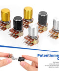 WH148 Dual Linear Rotary Taper Potentiometer Kit with knobs, showing assorted colors and 6 pins, for DIY motor speed projects.