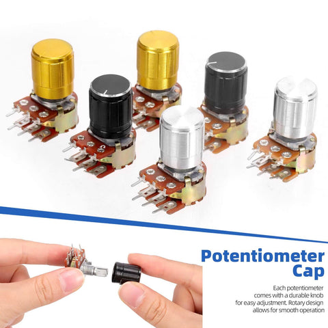 WH148 Dual Linear Rotary Taper Potentiometer Kit with knobs, showing assorted colors and 6 pins, for DIY motor speed projects.