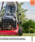 Person mowing lawn with 16 Piece Zinc Plated Heavy Duty Lynch Pin Set With Ring For Farm Tractor Trailer Truck Fasteners Assortment Kit.