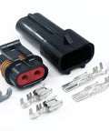 2 Pin Waterproof Auto Connector Kit For 10 To 12 AWG Wiring With Seals, Heavy Duty Copper Terminals, components displayed.