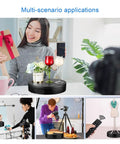 Heavy Duty Motorized Rotating Turntable With Remote Control 360 Degree Electric Product Display Stand For Jewelry Photography Video Marketing Show And Retail Store Black 24 Inch Wide Base showcasing various items.