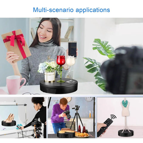 Heavy Duty Motorized Rotating Turntable With Remote Control 360 Degree Electric Product Display Stand For Jewelry Photography Video Marketing Show And Retail Store Black 24 Inch Wide Base showcasing various items.