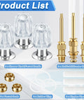 Three Handle Bathtub Shower Trim Kit Compatible With Verve Windsor Faucets, showing acrylic knobs and brass stems displayed on surface.