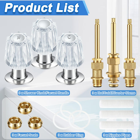 Three Handle Bathtub Shower Trim Kit Compatible With Verve Windsor Faucets, showing acrylic knobs and brass stems displayed on surface.