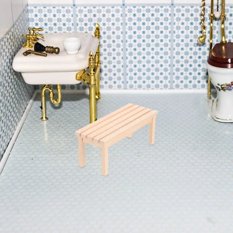 Wooden Dollhouse Bench 1:12 Scale Miniature Furniture For Fairy Garden Micro Landscapes Beige Finish in a dollhouse bathroom scene