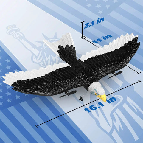 Remote Control Eagle Plane For Newbies And Kids 2.4GHz 2CH RC Airplane with dimensions on USA-themed background