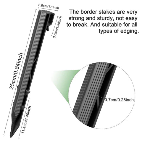 Built To Last Heavy Duty Plastic Landscape Edging Anchoring Stakes Set With 9.8 Inch Spikes And Plastic Panel side view with dimensions