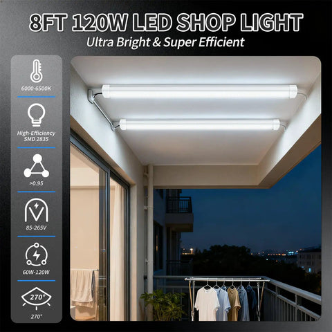 Ultra Bright 8 Ft LED Shop Light 120W Daylight 6000K To 6500K Boss Level Efficiency SMD 2835 Linkable Non Dimmable Fixture