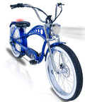 Adult Electric Bike With 750W Motor And 960Wh Battery Rolling Smooth Up To 30Mph Featuring 26 Inch Fat Tires For All Terrain Commuting Off Road Trails And Slick Blue Frame, angled view with shiny chrome details and white tires.