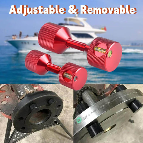Flange Two-Hole Alignment Pins Set With Built-In Level in red 6061 aluminum, shown installed on mechanical parts for alignment.
