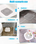 3 Pack 5.5 Inch Silicone Drain Covers With Strong Suction Bases Flat Square Hair Catchers For Showers And Kitchen Sinks Reusable Gray Strainers shown in multiple scenarios including bathtub, bathroom, toilet, and kitchen.