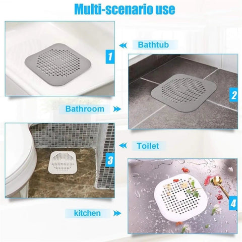 3 Pack 5.5 Inch Silicone Drain Covers With Strong Suction Bases Flat Square Hair Catchers For Showers And Kitchen Sinks Reusable Gray Strainers shown in multiple scenarios including bathtub, bathroom, toilet, and kitchen.