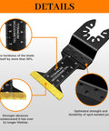 Close-up of Heavy Duty 50 Pack Oscillating Tool Blades Set showing titanium edge for metal, nails, wood, and plastic cuts