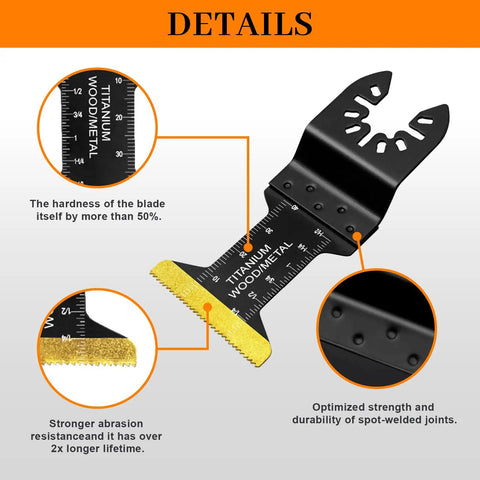Close-up of Heavy Duty 50 Pack Oscillating Tool Blades Set showing titanium edge for metal, nails, wood, and plastic cuts