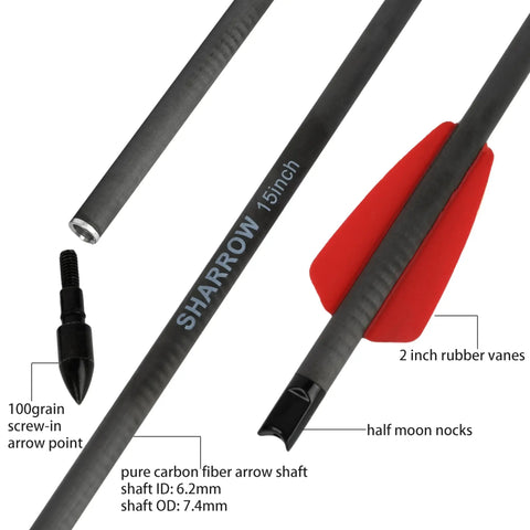 Close-up of Carbon Crossbow Bolts 15 Inch With 100 Grain Removable Tips showing shaft, red vanes, and arrow point details
