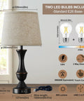 Dimensions and features of the Upgraded 22 Inch Touch Table Lamps Set Of 2 With USB C And USB A Ports Dimmable Nightstand Lamps, bulbs shown.
