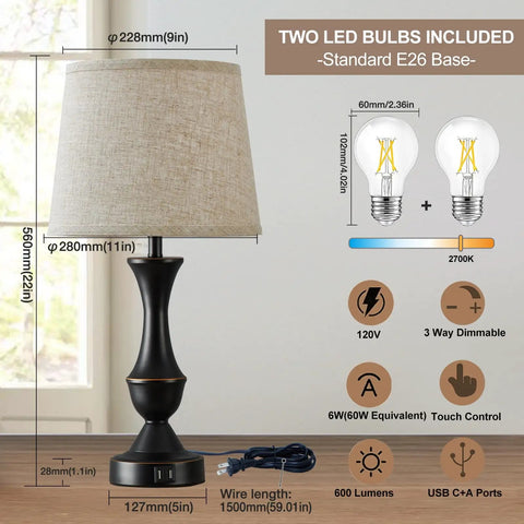 Dimensions and features of the Upgraded 22 Inch Touch Table Lamps Set Of 2 With USB C And USB A Ports Dimmable Nightstand Lamps, bulbs shown.