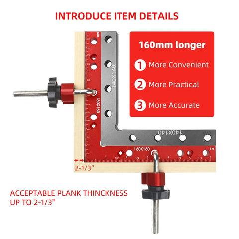 Pro Grade Aluminum Corner Clamps For Woodworking Square Up Your Builds Dead On Easy Right Angle Positioning Squares on wood plank, 160 mm size.