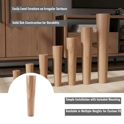 Top Shelf Solid Oak Furniture Leg Leveler With No Sweat Adjustable Height For Sofas Tables And Cabinets Rock Solid Stability Heavy Duty Mounting Hardware Included, showing various height levels.