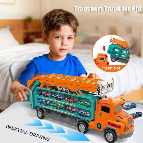 Child playing with Foldable Two Layer Car Carrier Truck With 33 Inch Race Track And Six Metal Cars, Converts To Drivable Truck Or Track